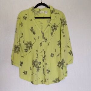 Nomadic Traders Lime Floral Button Down V-neck Blouse Linen Blend Med.